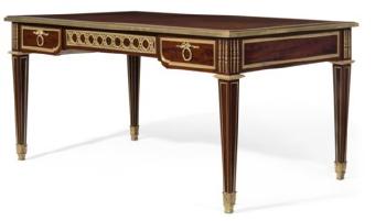 A French Ormolu-Mounted Kingwood, Tulipwood And Harewood Parquetry Bureau Plat by 
																	Jean Francois Oeben