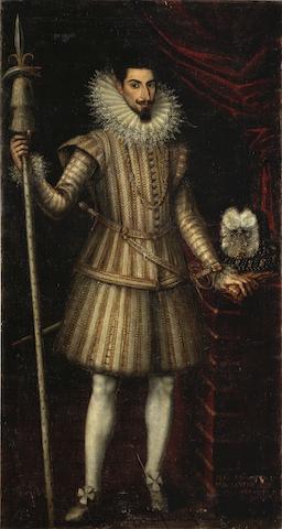 Portrait of a Gentleman Full-length in White Costume Holding a Halberd and Standing Beside a Table With a Plumed Hat by 
																	Alonso Sanchez Coello