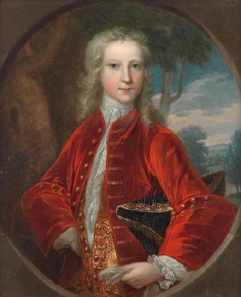 Portrait of a Boy Half-length in a Red Coat With a Tricorn Hat Under His Arm Before a Landscape Within a Painted Oval by 
																			Bartholomew Dandridge