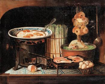 Eggs Cooking on a Stove With Asparagus Meat and Mushrooms by 
																	Gabriele Germain Joncherie