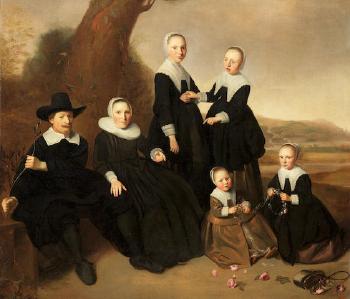 A Group Portrait of a Gentleman and His Wife Seated Full-lengths With Their Four Daughters in Black Costume the Youngest Two Seated Making Garlands of Flowers in a Landscape by 
																	Dirck van Santvoort