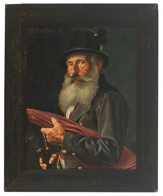 Bärtiger Mann mit Hut~ Tabakspfeife und einem Stoffballen by 
																	Carl Ostersetzer