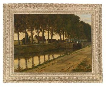 Französische Landschafts und Tiermalerin. Landschaft mit Allee an einer Holländischen Gracht~ im Hintergrund ein Bauernhaus by 
																	Marie Jacques-Mary