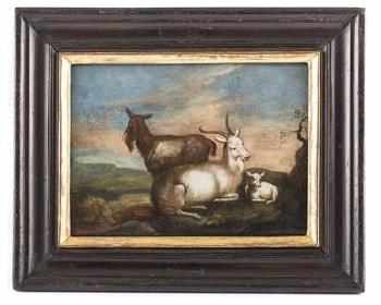 Zwei Bilder - Pendants: a) Rastende Ziegenfamilie in Landschaft; b) Jagdhund und Fasan vor Waldlandschaft by 
																			Anton Enzinger