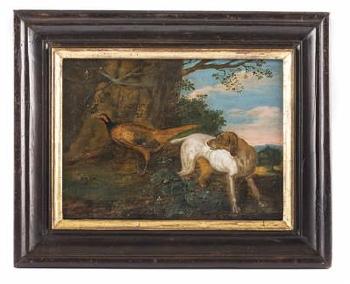 Zwei Bilder - Pendants: a) Rastende Ziegenfamilie in Landschaft; b) Jagdhund und Fasan vor Waldlandschaft by 
																			Anton Enzinger