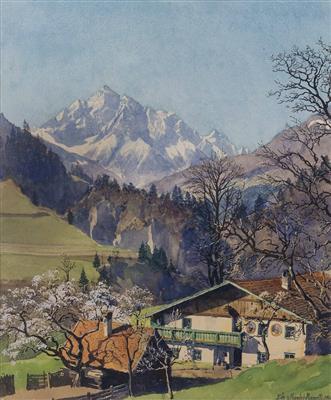 Tiroler Bauerngehöft im Frühjahr mit Alpengipfel by 
																	Eduard von Handel-Mazzetti