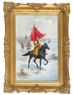 Cossacks on Horseback Bearing a Standard in a Winter Landscape by 
																			Adolf Constantin Baumgartner Stoiloff