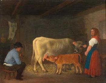 Calf in the Barn with Farmer and his Wife by 
																			Johann Michael Neder