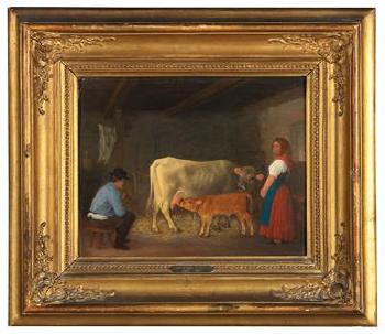 Calf in the Barn with Farmer and his Wife by 
																			Johann Michael Neder