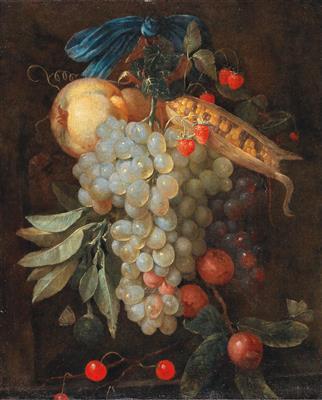 A hanging bouquet of fruit, including grapes, a pear and corn on the cob, with butterflies by 
																			Joris van Son