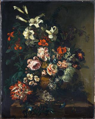 Lilies, anemones, peonies and other flowers in a vase by 
																			 Flemish School