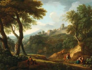 A southern landscape with figures in the foreground and a fortified town beyond by 
																			 Roman School