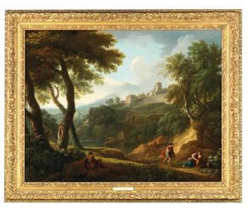 A southern landscape with figures in the foreground and a fortified town beyond by 
																			 Roman School