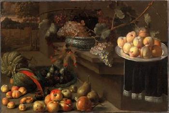 Apples, pears, melons, figs, grapes in a bowl and peaches on a plate, on a ledge by 
																			 Italo-Hispanic School