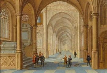 A church interior with figures by 
																			Pieter Neeffs