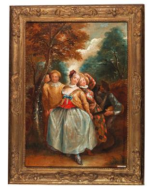 A Commedia dell’Arte scene with Columbina, Harlequin and Pierrot by 
																			Pierre Antoine Quilliard