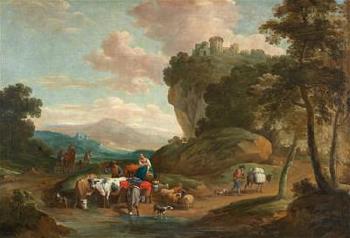 The Roman campagna with traveller and the Temple of Vesta beyond by 
																			 Flemish School