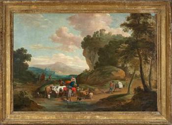 The Roman campagna with traveller and the Temple of Vesta beyond by 
																			 Flemish School