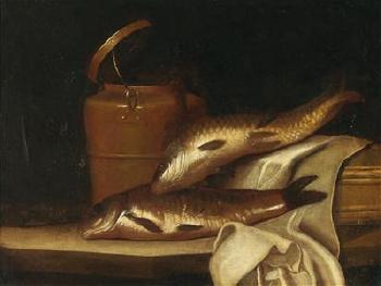 A still life with a carp in front of a copper kettle by 
																			Pierre Nichon