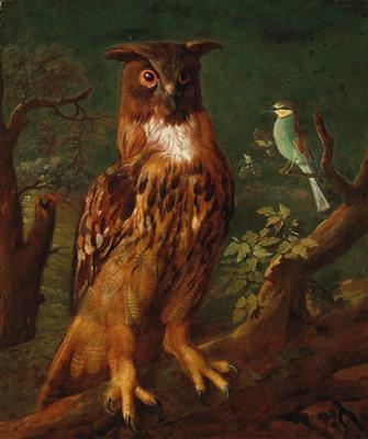 An owl and a blue tit sitting in a tree by 
																			 German School