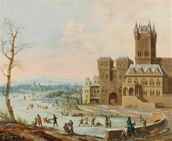Figures in a winter landscape with a gothic castle by 
																			Johann Philipp Ulbricht