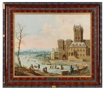 Figures in a winter landscape with a gothic castle by 
																			Johann Philipp Ulbricht