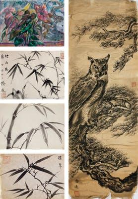 Untitled; Bamboo And Rock; Bamboo; Swaying Leaves; Eurasian Eagle Owl by 
																	 Wang Jiyuan