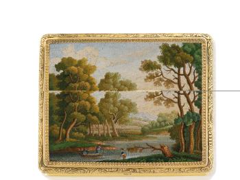 A French Gold Snuff-Box Set With A Micromosaic Plaque by 
																			Joseph Napoleon Yvorel