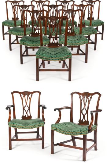 A Set Of Twelve George III Mahogany Dining Chairs by 
																	Thomas Chippendale