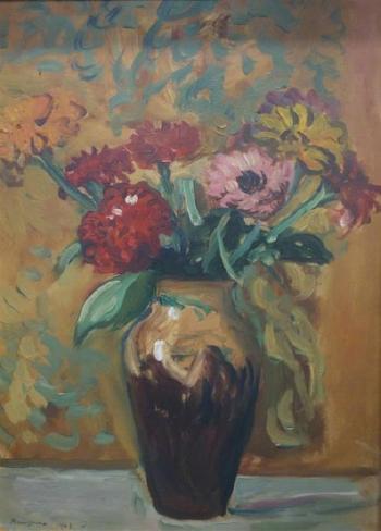 Bouquet au vase de grès by 
																	Lucien Mainssieux