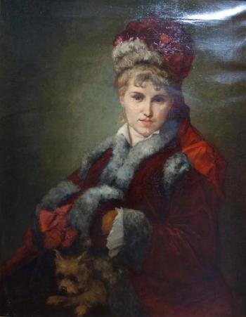 Portrait d’une jeune femme emmitouflée dans un manteau au col de fourrure, son chien sur les genoux by 
																			Leon Comerre