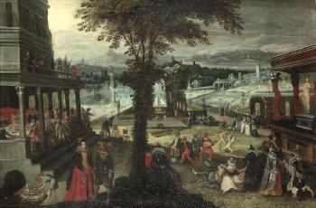 A Palace Garden With Elegant Figures Feasting On A Terrace With Musicians On The Balcony Above Them And A Troupe of Commedia Dell'Arte actors and acrobats performing below by 
																	Sebastian Vrancx