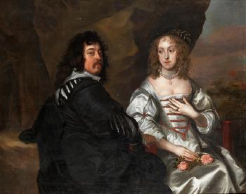 Portrait of John Tufton 2Nd Earl of Thanet And Lady Margaret Sackville His Wife Both Three-Quarter-Length Seated He In Black Robes She Wearing A Silver Dress With Roses In Her Lap by 
																	Adriaen Hanneman