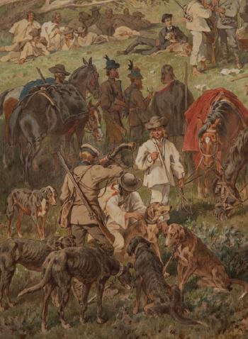 (1) A trip to hunt in sianki and użok, 1874; (2) Rest on połoninie during sapieżyński hunt for a bear, 1874; (3)  Niedźwiedź in the access zone surrounded by dogs, 1874; (4) Return from the bear hunt ,1874 by 
																			Julius Kossak