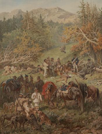 (1) A trip to hunt in sianki and użok, 1874; (2) Rest on połoninie during sapieżyński hunt for a bear, 1874; (3)  Niedźwiedź in the access zone surrounded by dogs, 1874; (4) Return from the bear hunt ,1874 by 
																			Julius Kossak