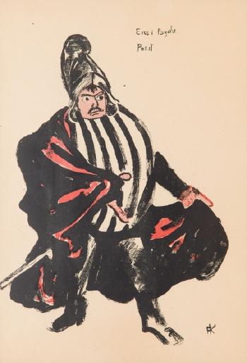Boleslaw Puchalski as legate in spectacle Jerzy Zulawski 'Eros & Psyche', caricature from 'Teka Melpomeny' by 
																			Karol Frycz