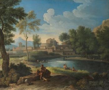 A Pastoral Landscape With a Shepherd Reclining, a Fortified City Beyond by 
																	Gaspard Dughet