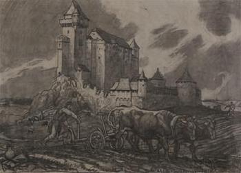 Pflügender Bauer vor der Burg Liechtenstein bei Mödling by 
																			Wilhelm Dachauer