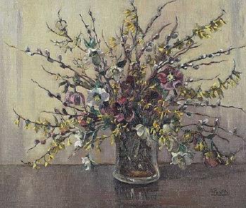 Still Life, Mixed Flowers in a Glass Vase by 
																	Anne P Jury