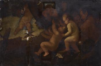 Putti And Satyrs In a Landscape by 
																	Alessandro Varotari