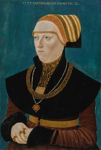 Portrait of Christina Raiss (1497–1541), Half-length, Wearing a Mauve And Black Dress, With Gold Chain, Pearl Bead Necklace And Gold Rings by 
																	Conrad Faber von Creuznach