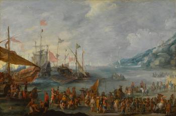 A Coastal Landscape With Warships And Galleys Unloading Trade by 
																	Cornelis de Wael