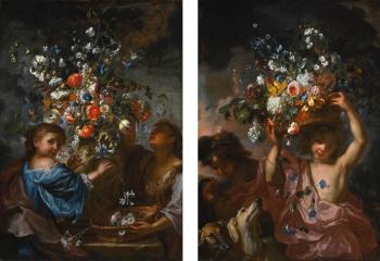 Two Ornate Still Lifes: The Former With Two Girls Laying Out Flowers In An Urn, The Figures By Giacinto Brandi; The Latter With a Boy Holding Up a Basket of Flowers Beside Two Dogs, The Figures By Giovan Battista Gaulli, Called Baciccio by 
																	Karel van Vogelaer