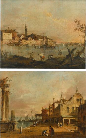 Capriccio View of a Harbour Scene With a Ruined Temple And a Church; Capriccio View of a Venetian Lagoon Island by 
																	Francesco Guardi
