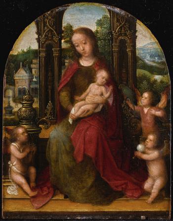 The Virgin And Child Enthroned With Angels Before A Landscape by 
																	Adriaen Isenbrandt
