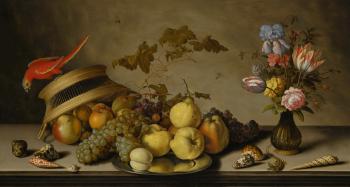 A Still Life Of Fruit On A Pewter Plate, A Parakeet Perched On A Basket, A Flower Vase, Shells And A Lizard, On A Ledge by 
																	Balthasar van der Ast