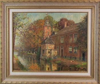 Canal scene with building and clock tower by 
																			Adrianus Zuiderwijk