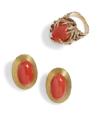 A Pair of Textured Gold and Coral Ear Clips and a Gold and Coral Ring by 
																	Henry Dunay