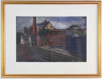 'Gloucester Street Scene with Old Mill' by 
																			Miron Sokole