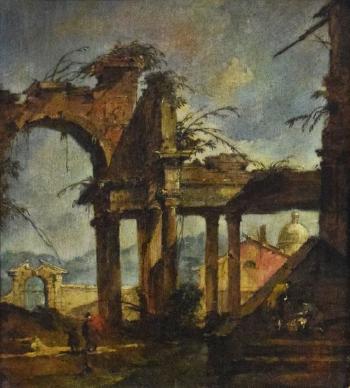 Portique en ruine avec à l'arrière - plan le dôme d'une église by 
																			Francesco Guardi